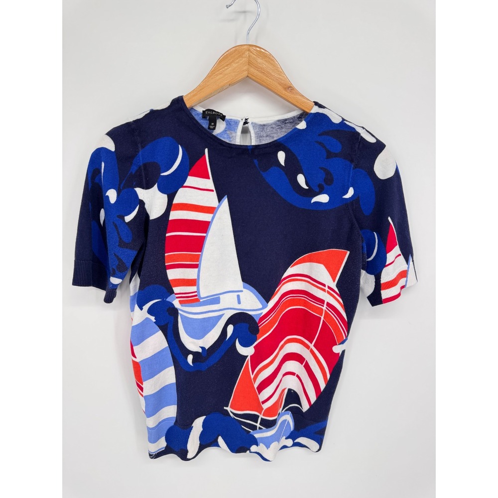 Talbots Sailboat Print Sweater Women M Nautical Navy Short Sleeve Knit Novelty